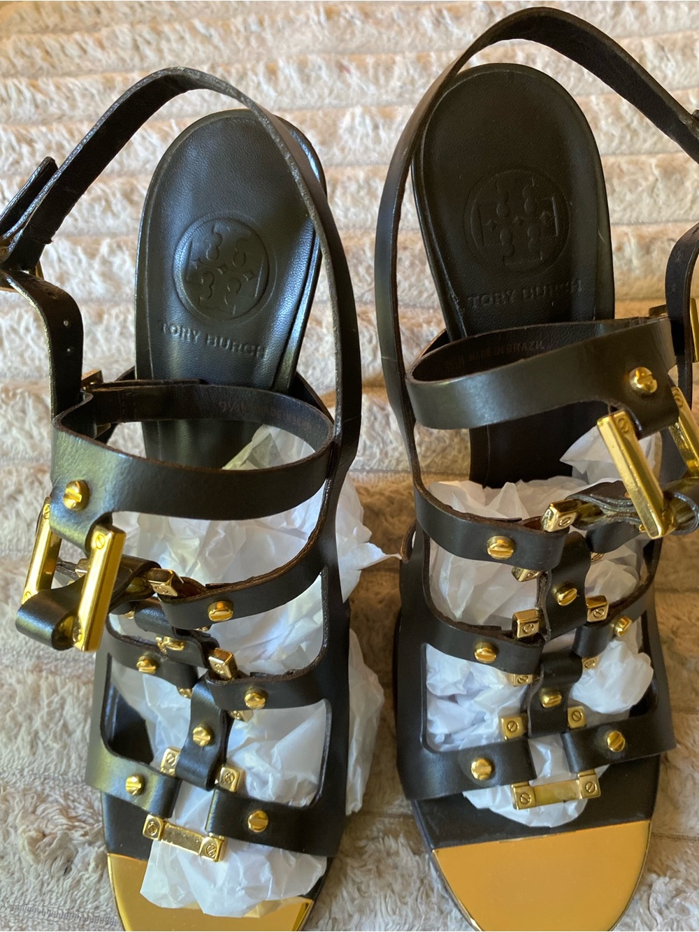 Tory Burch Black Leather Strappy Heels with Gold Hardware
